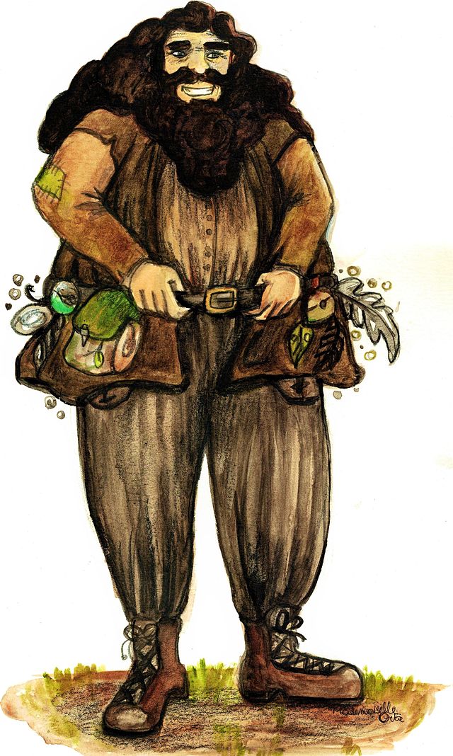 Fan art représentant Rubeus Hagrid, réalisé au fusain et aquarelles par Mademoiselle Ortie.