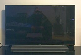 TV set (size 55 inch) with a soundbar placed in front and centered, a typical setup Samsung TV UE55F9000 with Sonos soundbar.jpg