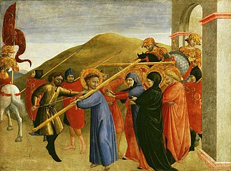 Part of Borgo San Sepolcro altarpiece, now in Detroit Institute of Art Sassetta. Procession to Calvary 1437-1444 Detroit, Institute of Arts.jpg