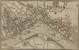 The arrow added to this 1593 map of Westminster indicates the Savoy. Savoy on Norden's map.jpg