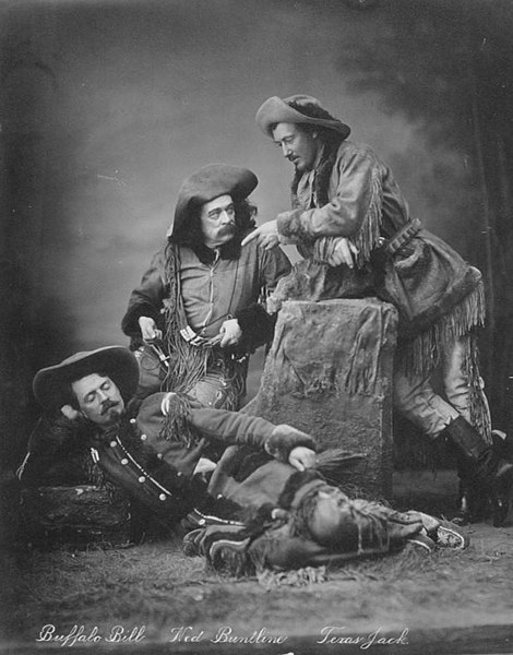 Buffalo Bill Cody, Ned Buntline, Texas Jack Omohundro in The Scouts of the Prairie, 1872.