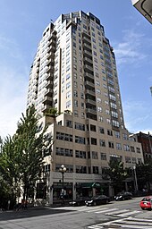 The Watermark Tower, built in 1983 and converted to condominiums in 1987, one of the older Downtown luxury residential tower buildings. The lower portion of the Watermark Tower incorporates the landmarked facade of the Coleman Building, built 1915 on the same site. Seattle - Watermark Tower 02.jpg