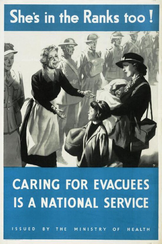 Poster issued by the Ministry of Health in 1939 showing a carer (left, next to the soldiers) about to receive a child evacuee from its mother during t