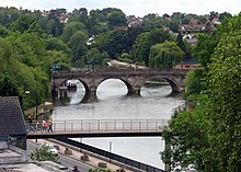 The Welsh Bridge (background) and Frankwell Footbridge (foreground) in Shrewsbury, Shropshire.