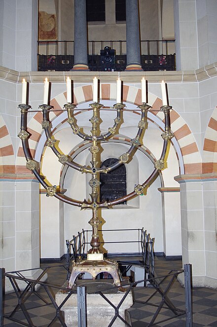 The Seven-armed candelabrum which Mathilde donated for the maintenance of her memory. This picture, taken in 2010, shows the candelabrum lit up in her memory on the 999th anniversary of her death.