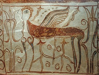 Esfinge pintada en un sarcófago de Tanagra del periodo micénico.