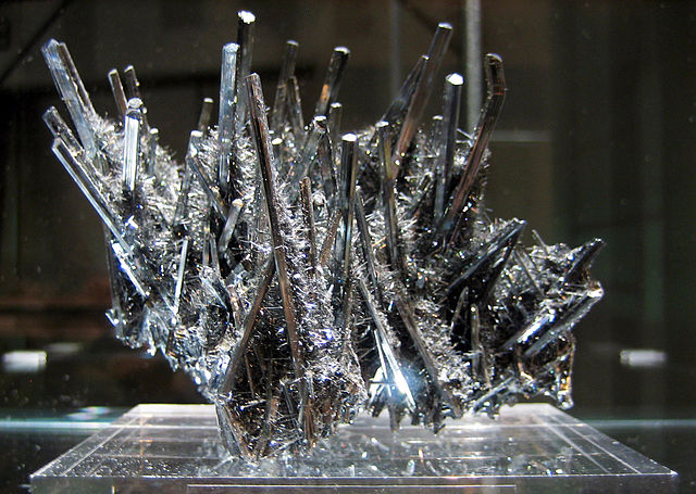 Stibnite, China CM29287 Carnegie Museum of Natural History specimen on display in Hillman Hall of Minerals and Gems