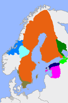Ruotsi vuonna 1658. Stolbovan rauhassa Ruotsi sai Venäjältä vaaleanvihreällä merkityn Inkerin ja tummanvihreällä merkityn Käkisalmen läänin.