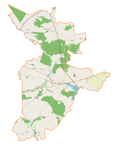 Mapa konturowa gminy Szczekociny, u góry nieco na lewo znajduje się punkt z opisem „Brzostek”