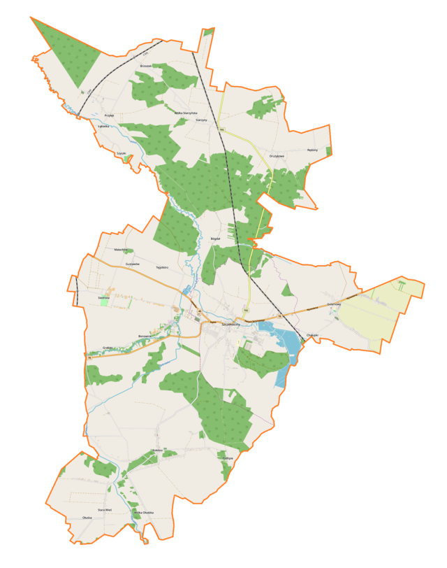 Mapa konturowa gminy Szczekociny, w centrum znajduje się punkt z opisem „Kościół Świętego Bartłomieja Apostoła”