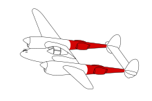 Uno schema, raffigurante un Lockheed P-38 Lightning, in cui sono evidenziate in rosso le due travi di coda.