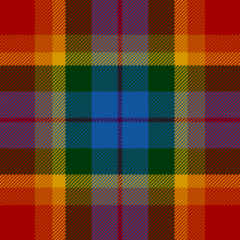 A a fairly traditional tartan pattern, but rendered in a rainbow selection of blue, purple, red, orange, yellow, and green.