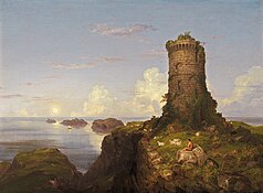 Italian Coast Scene with Ruined Tower label QS:Len,"Italian Coast Scene with Ruined Tower" 1838