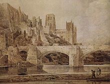 1799 watercolour by Thomas Girtin of Durham Cathedral and the River Wear, showing all three arches of Framwellgate Bridge Thomas Girtin 002.jpg