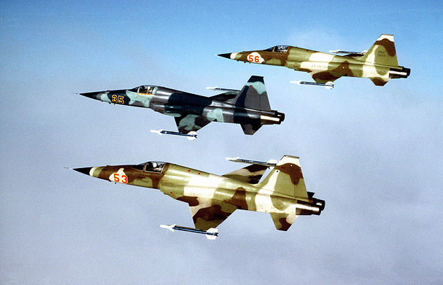 Three F-5E Tiger II from the 527th Tactical Fighter Training Aggressor Squadron.