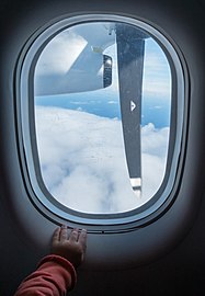 Toddler looking out the window of a De Havilland Canada Dash 8 from SATA, Flores Island, Azores, Portugal