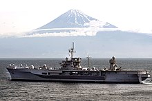 USS Blue Ridge steams within sight of Japan's Mount Fuji as she heads for port at the end of a six-week Spring Swing tour, Shimizu, Japan (May 2008). USS Blue Ridge Mount Fuji.jpg