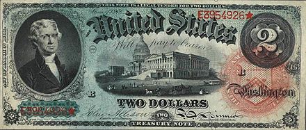 Thomas Jefferson - Series of 1869 $2 bill US $2 1869 Legal Tender Note.jpg