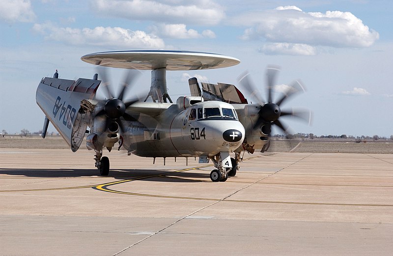 File:US Navy 050319-F-7660E-047 An E-2C- Hawkeye, assigned to Carrier Airborne Early Warning Squadron One Two Three (VAW-123), taxis on the flight line after landing at Cannon Air Force Base, N.M.jpg