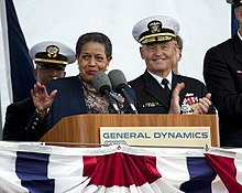 Myrlie Evers speaking at USNS Medgar Evers' christening ceremony US Navy 111112-N-VY256-161 Myrlie Evers-Williams, widow of civil rights activist Medgar Evers, delivers remarks during the christening ceremony for.jpg