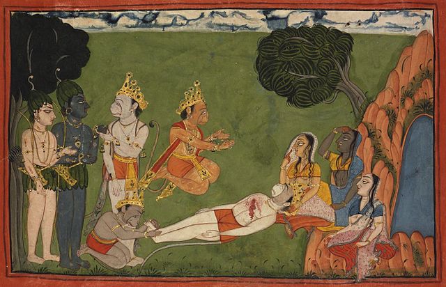 Tara (right), depicted as a human, wailing with dying Vali in her arms