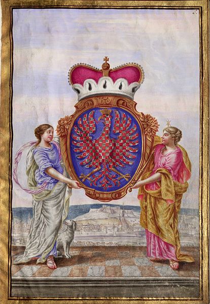 Coat of arms of the Margraviate of Moravia in Book of the state of lords with the picture of Brno (1670)