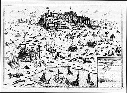 Depiction of the Venetian siege of the Acropolis of Athens during 1687.