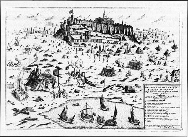 Engraving depicting the Venetian siege of the Acropolis of Athens, September 1687. The trajectory of the shell that hit the Parthenon, causing its exp