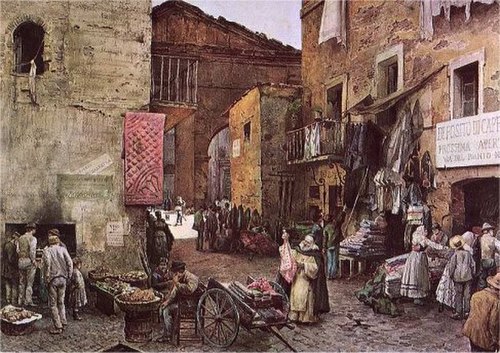 Disappeared Ghetto: via Rua in a watercolour by Ettore Roesler Franz (c. 1880). Via Rua (Rua is a word analogue to the French rue) was the main road i