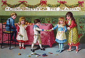 Children depicted pulling a Christmas cracker in a 19th-century English Christmas card Victorian Christmas Card - 11222294503.jpg