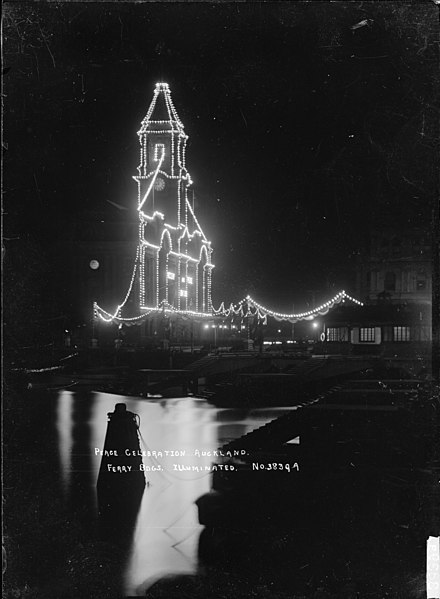 File:View of Auckland Ferry Building taken at night to show the Peace celebration illuminations, 1918 (4122617219).jpg