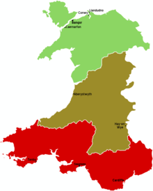 Map of a definition of North Wales, Mid Wales and South Wales Wales map.png