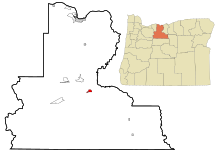 Wasco County Oregon Sisällytetyt ja rekisteröimättömät alueet Maupin Highlighted.svg