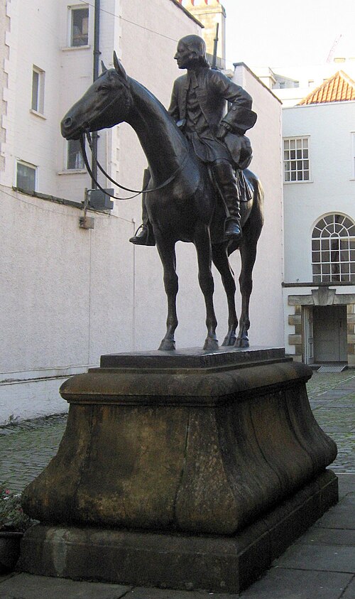 Statue of Wesley on horseback, in the courtyard of the "New Room" chapel in Bristol. Bristol was Wesley's base for much of the 1740s and 1750s.