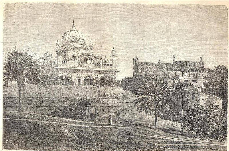 File:"Palace at Lahore" (actually Ranjit Singh's tomb or Samadhi), a wood engraving by Émile Thérond, published in 'Le Tour du Monde', ca.1888.jpg