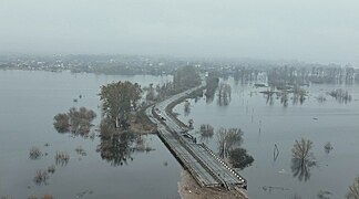 Краєвид на Демидів з боку мосту на автошляху Р02 через річку Ірпінь після затоплення заплави