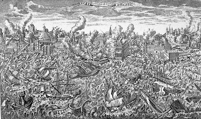 This 1755 copper engraving shows the ruins of Lisbon in flames and a tsunami overwhelming the ships in the harbour.