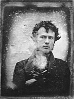 A daguerreotype of Robert Cornelius in 1839. The oldest surviving photographic self-portrait.