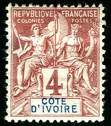 An 1892 4c stamp for Ivory Coast (Cote d'Ivoire) of the Navigation & Commerce key type series 1892 Ivory Coast stamp 4c.jpg