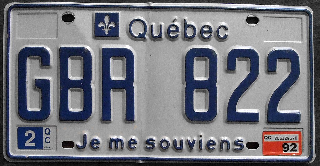 Quebec Canada License Plate JE ME SOUVIENS (RANDOM PLATE #)