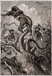 Giant squid-like sea monster, by Alphonse de Neuville to illustrate Jules Verne's Twenty Thousand Leagues Under the Sea, 1870 20000 squid holding sailor.jpg