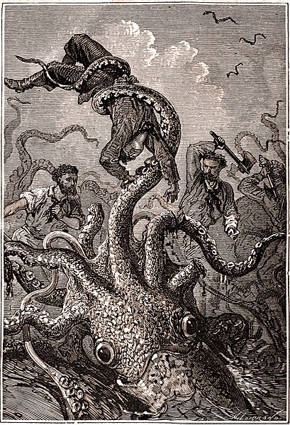 Cephalopod-like sea monster in Jules Verne's Twenty Thousand Leagues Under the Sea drawn by Alphonse de Neuville, 1871