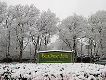 2013 Fort Tryon Park main entrance sign at Margaret Corbin Circle in snow.jpg