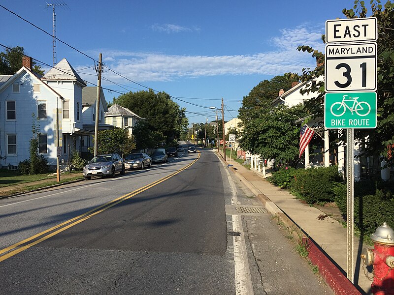 File:2016-08-20 18 07 25 View east along Maryland State Route 31 (Main Street) at Green Valley Road in New Windsor, Carroll County, Maryland.jpg