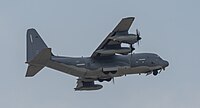 A US Air Force MC-130J Commando II, tail number 10-5714, on final approach at Kadena Air Base in Okinawa, Japan. It is assigned to the 1st Special Operations Squadron at Kadena AB.