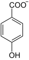 Deutsch: Struktur von 4-Hydroxybenzoat (p-Hydroxybenzoat) English: Structure of 4-hydroxybenzoate (p-hydroxybenzoate)