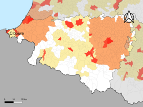 Localisation de l'aire d'attraction de Ciboure dans le département des Pyrénées-Atlantiques.