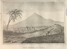 Vista general de Puebla en una litografía de mediados del siglo XIX