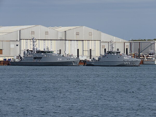 Comparison of a Cape-class (left) and a Guardian-class patrol boat (right), both built at Austal shipyards in Henderson, Western Australia