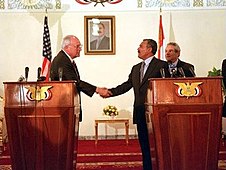 Vice President Dick Cheney and President Ali Abdullah Saleh discuss joint efforts to fight terrorist activity at a press conference in Sana'a, Yemen, 14 March 2002 Aa salih with cheney.jpg